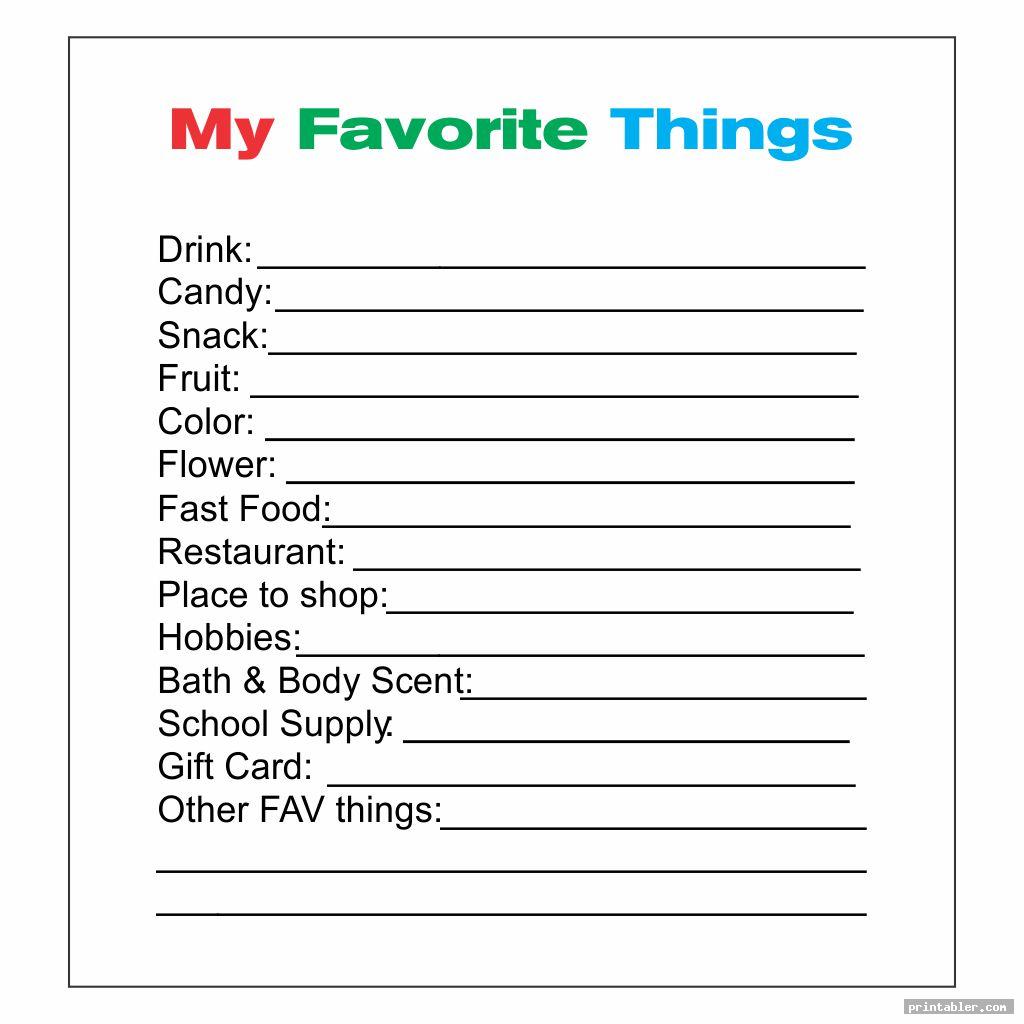 Favorite Things List Template Printable Printabler com